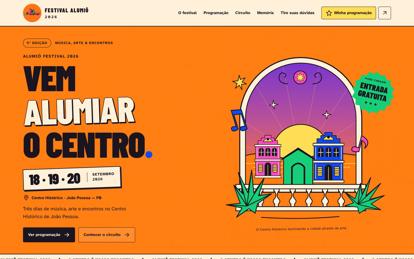 Página inicial do Festival Alumiô 2026, com ilustração colorida do Centro Histórico e as datas do festival