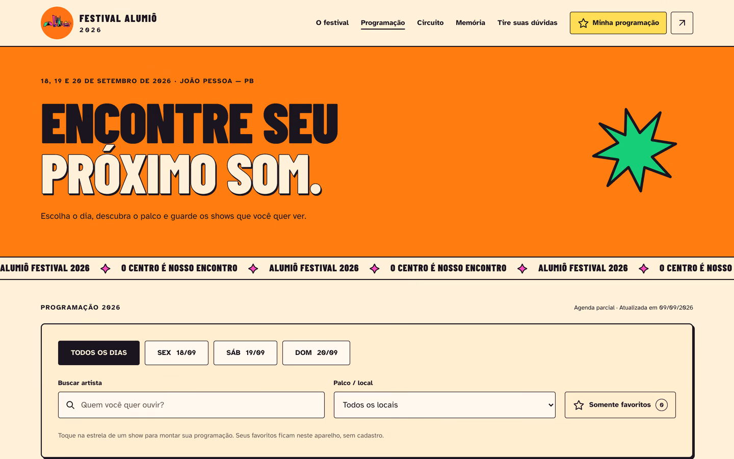 Página de programação do Festival Alumiô, com filtros por dia, artista e palco