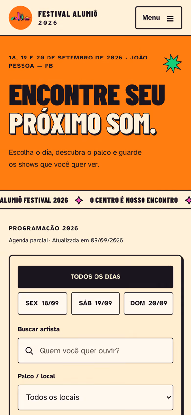 Programação do Festival Alumiô no celular, com opções de dia e busca por artista