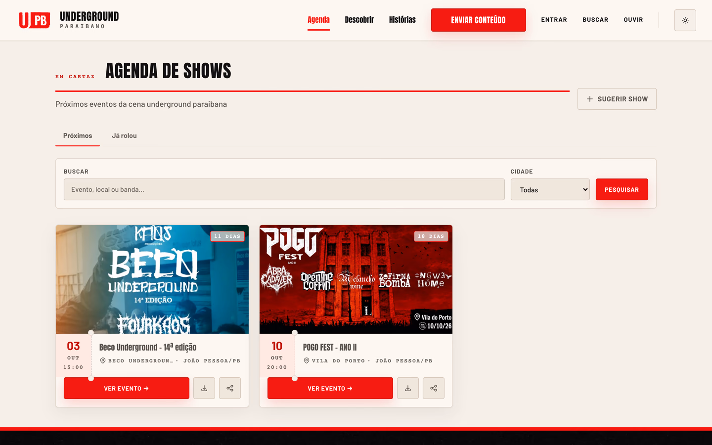 Agenda de shows do Underground PB com busca, filtro de cidade e eventos em cartões