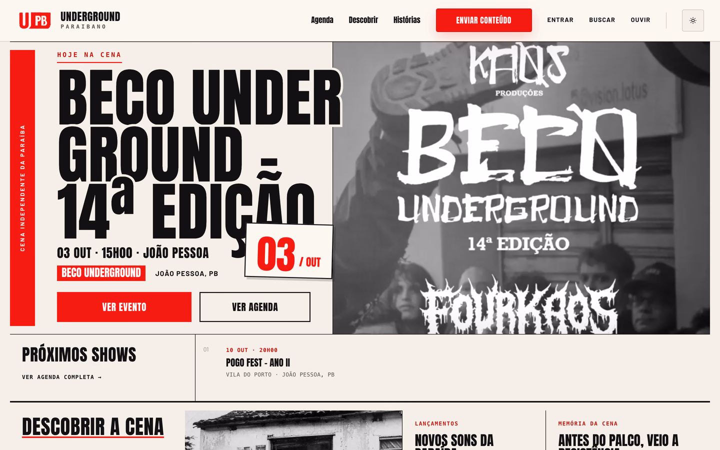 Página inicial do Underground PB, com um show em destaque e acesso à agenda