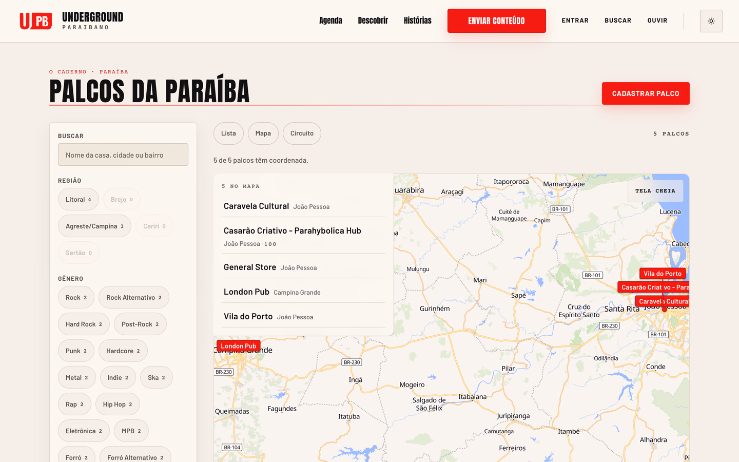 Página de palcos do Underground PB com filtros, lista de espaços e mapa