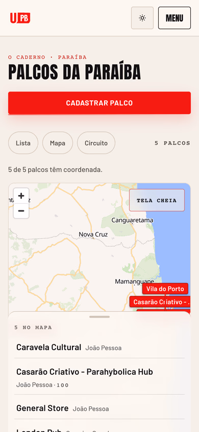 Página de palcos do Underground PB no celular, com mapa e lista de espaços