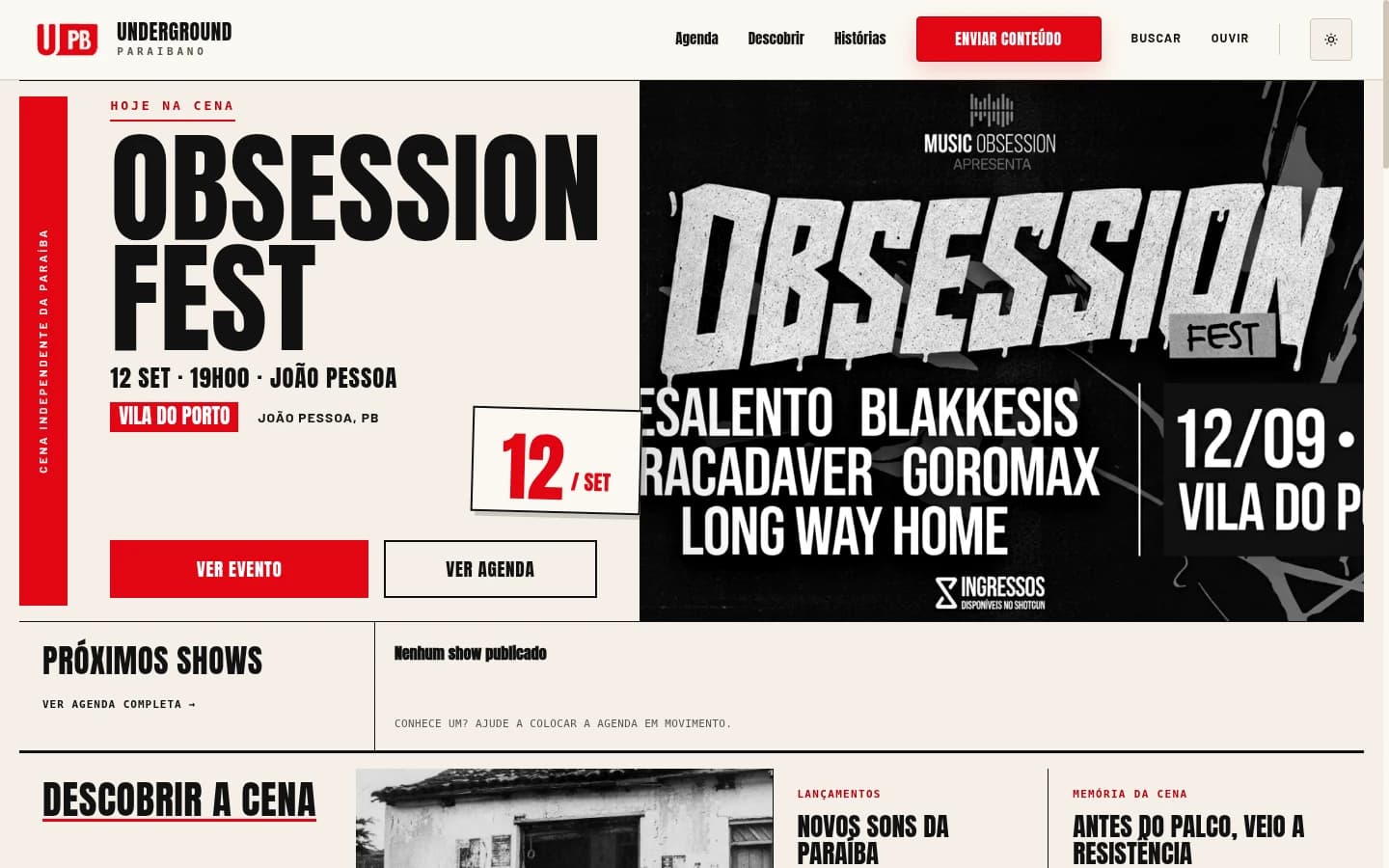 Página inicial do Underground PB, com destaque para shows e a cena independente da Paraíba