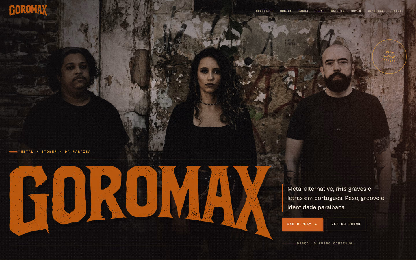 Página inicial da GOROMAX, com a marca e uma fotografia da banda