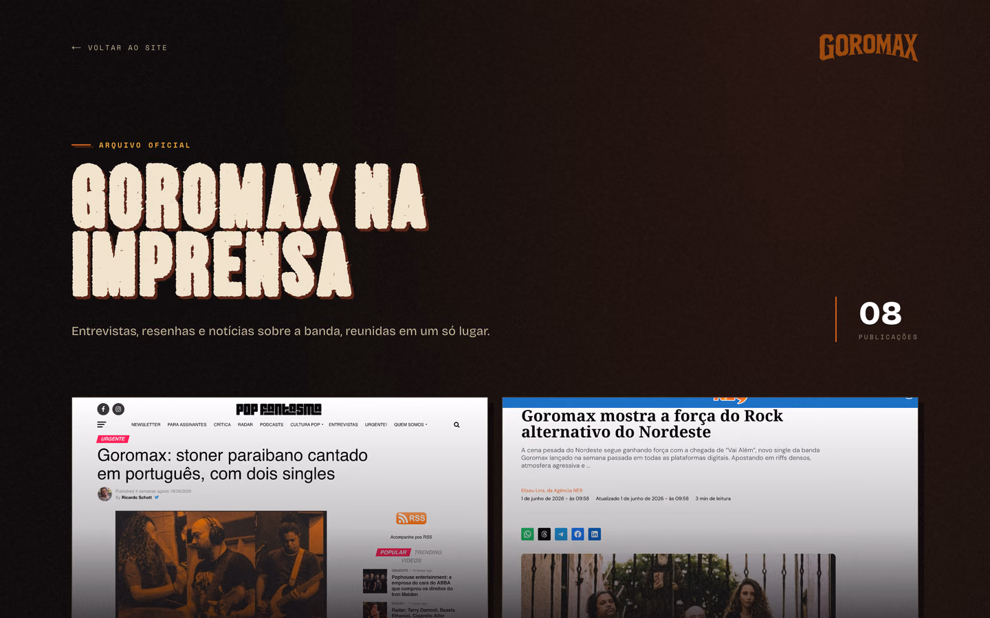 Página de imprensa da GOROMAX, com matérias e identificação dos veículos