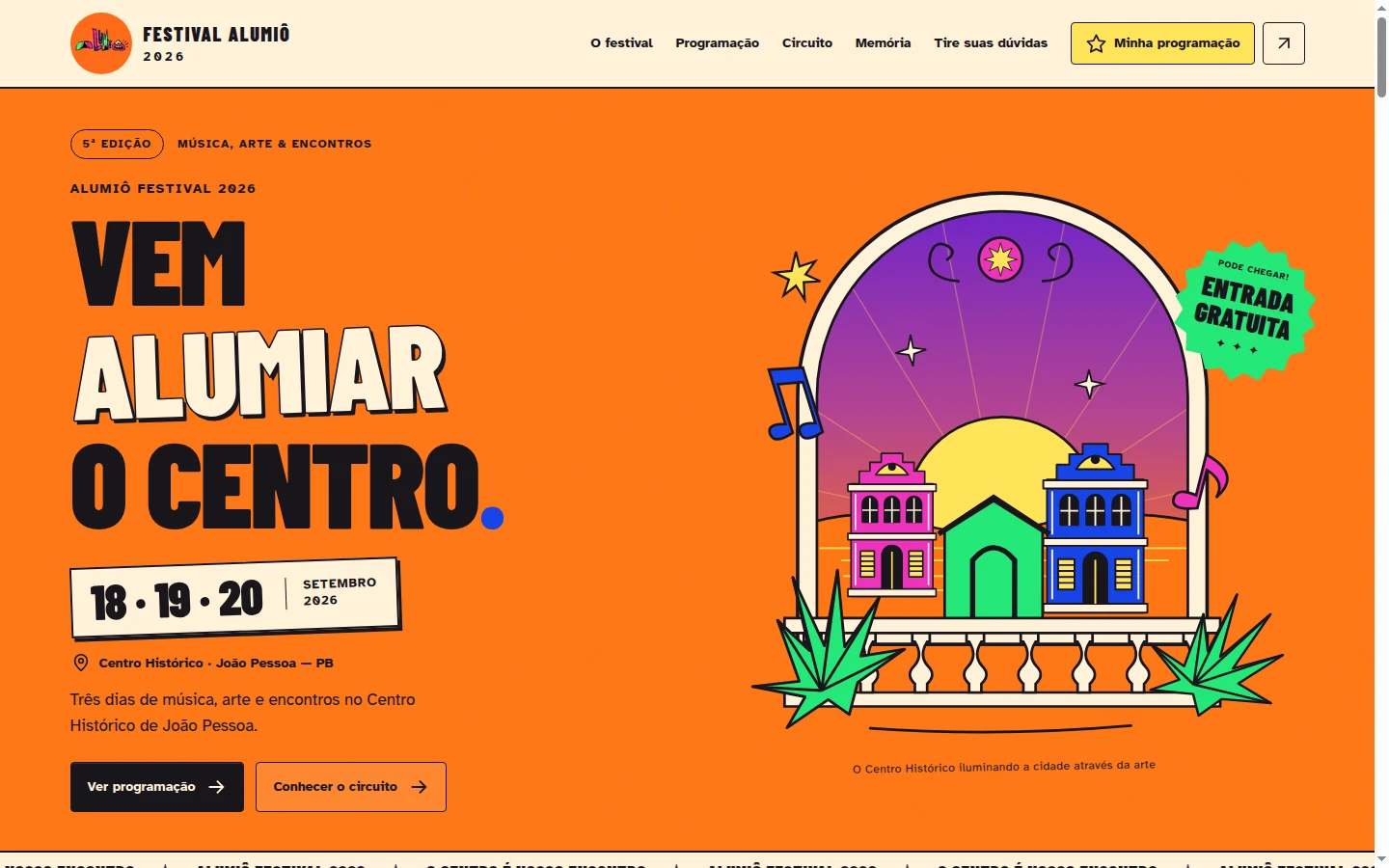 Página inicial do Festival Alumiô 2026, com ilustração colorida do Centro Histórico e as datas do festival