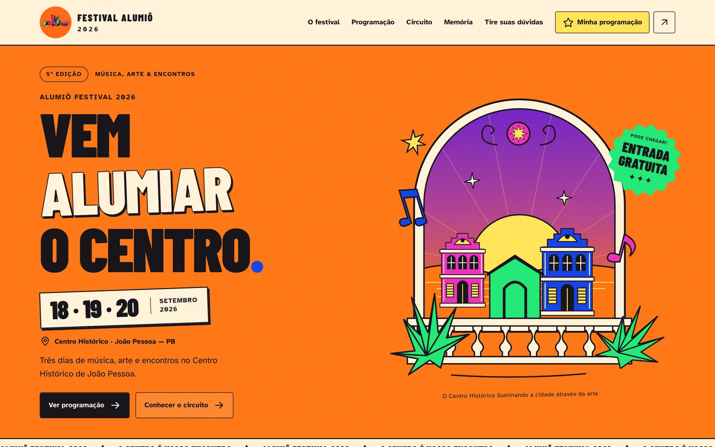Página inicial do Festival Alumiô 2026, com ilustração colorida do Centro Histórico e as datas do festival