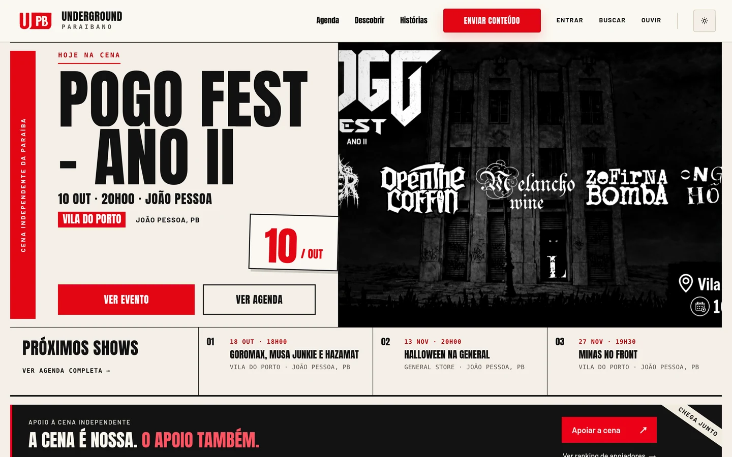 Página inicial do Underground PB em 7 de outubro de 2026, com o Pogo Fest – Ano II em destaque e acesso à agenda